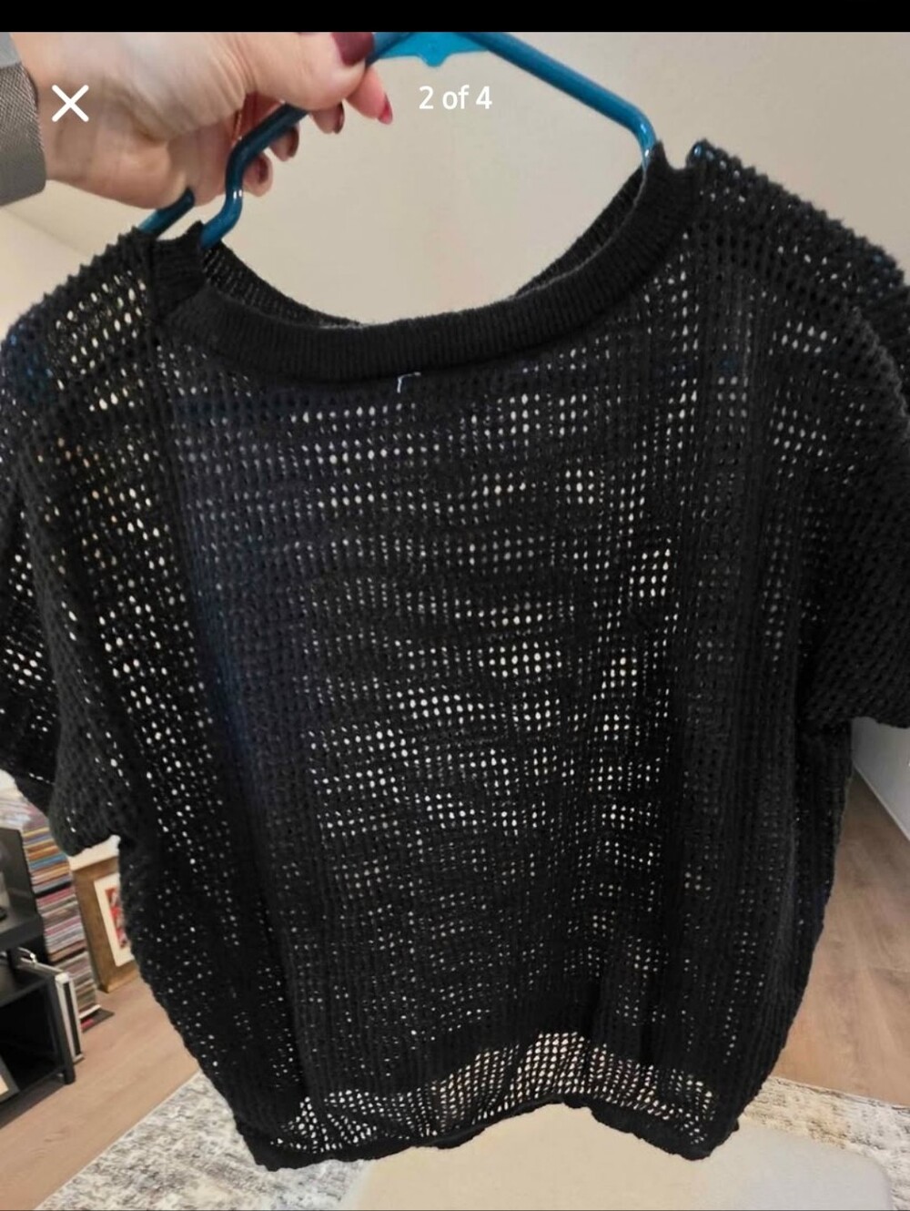 Black Open-Knit Short Sleeve Women's Top
